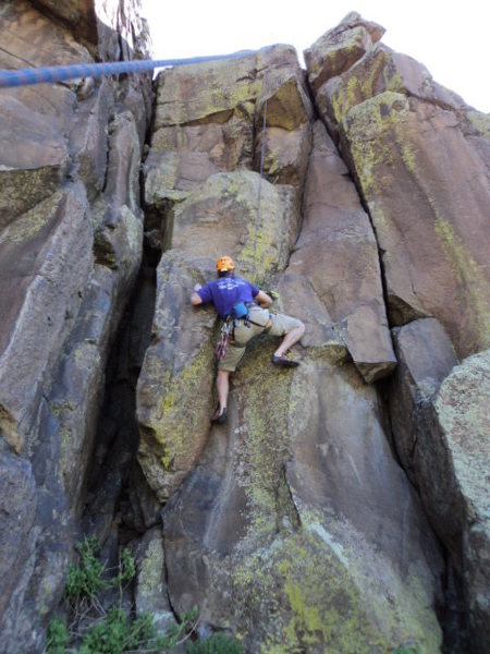 Just above the lower crux, shoulder jam, grunt section.<br>
<br>
Photo credit: Leo Paik.