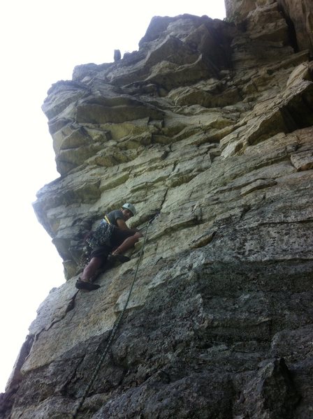 Climbing the third pitch of Hi Coroner! That cam is the first piece you get.