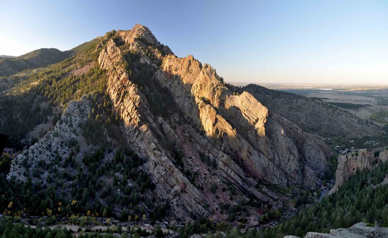 Photomosaic of Eldorado Canyon. Shot at sunset from top of Upper Peanuts with a Nikon D90 and stitched in Autopano Pro. Thanks to Mike Morley for help locating the ideal vantage point on top of Upper Peanuts Wall.
