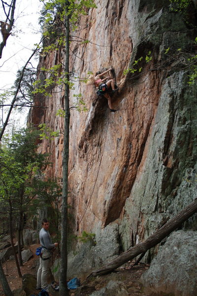 Red Wall<br>
<br>
Johanna Nevins leads <br>
The Gimp (5.10d)<br>
<br>
Crowders Mountain State Park, North Carolina