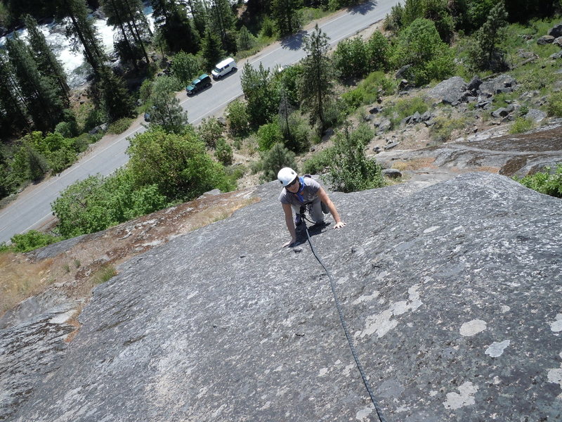looking down Cocaine Connection p1, climbing up 10' climbers left of it.