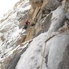 Traverse pitch, climber KG, belayer Eric Lashinsky, awesome route