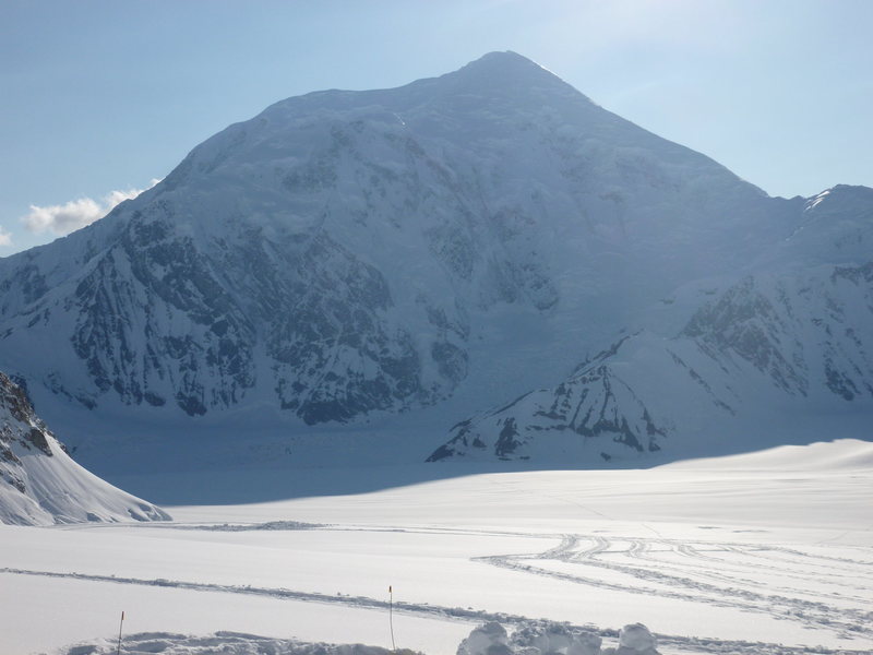 A view down the southeast fork of the Kahiltna Glacier, Mt. Foraker in plain view.