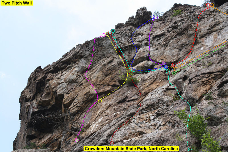 Two Pitch Wall<br>
<br>
1)Cambodian Holiday(5.9)trad<br>
2)Cambodian Escape(5.6)trad<br>
3)Sketch Mex (5.8 PG13)trad<br>
4)Two Pitch(5.4)trad<br>
5)Ditch Two Pitch(5.5)trad<br>
6)Pitches And Scream(5.6)trad<br>
7)Eat A Peach(5.7)trad <br>
8)Predestination(5.8)trad<br>
9)Destination Variation(5.8+)trad<br>
<br>
Crowders Mountain State Park, North Carolina