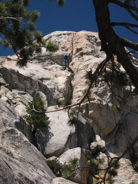 Climber leading Red Roof Route