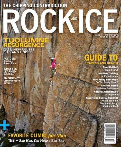 james lucas climbing the route on the cover of rock and ice 1/11.