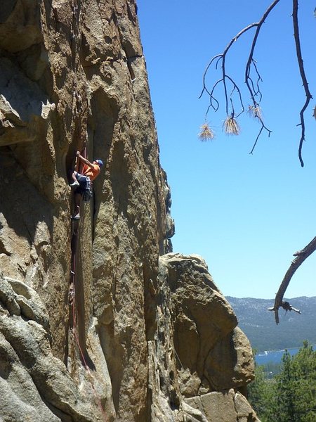 Leading Castle Crack, with Big Bear Lake in far background.  10 Jun 2012.