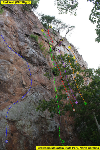 Red Wall (Cliff Right)<br>
<br>
1)TKO (5.12a)sport<br>
2)Red Red Wine (5.11a)sport<br>
3)ScrambleMyFeedback(5.10a)mixed<br>
4)911 (5.8)trad<br>
5)Master Beta(5.10c)sport<br>
<br>
Crowders Mountain State Park, North Carolina