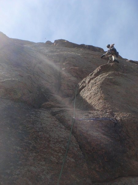 When climbing the first pitch, why wouldn't you take this gorgeous crack straight up off the ledge? Because it takes you off-route, to much harder, far less secure climbing... :-(