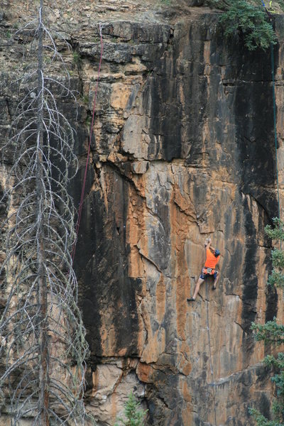Transition to easier but steeper climbing. Van Gogh's is marked for bolting to the left. See the face in the rock?