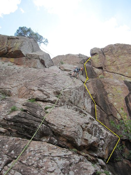 Picture for Slap Roof route. the beginning is just a 8 foot scramble or so. Crux is about 15 feet up when the crack thins down. Get some high feet! Good boulder to rap at top, or you can use the tree. We did both. Left webbing on tree. good first trad climb.