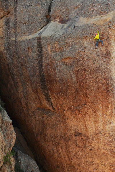 Matthew Selman midway through the crux pitch of Tachycardia. <br>
<br>
Photograph by Randyl Nielson Photography (nielsonphoto.com OR facebook.com/randylnielsonphoto)