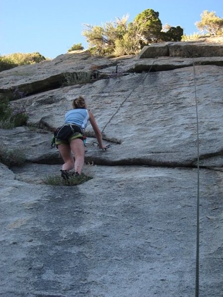 End Run variation finish to the right then up the unprotected slab left of Flee Flicker. R/X rated most likely. Nice line though.