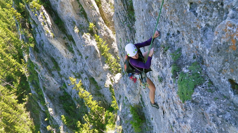 Climbing the third pitch of Panthalassa on the east side of Frog Rock, Bozeman, MT.
