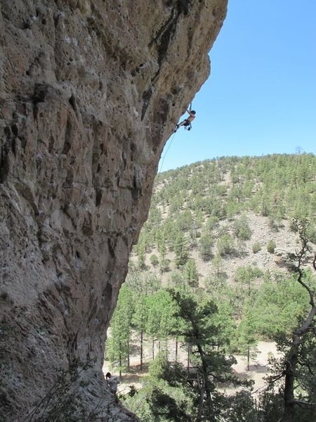 Nearing the redpoint crux on the superb Jabberwocky. Photo by Beth C.