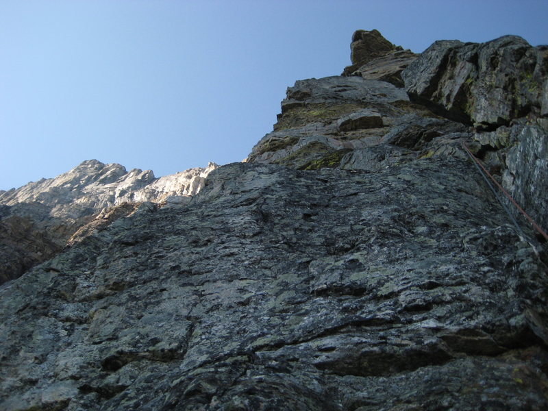 We simulclimbed to here, then pitched out the rest of the route to the top of the buttress.