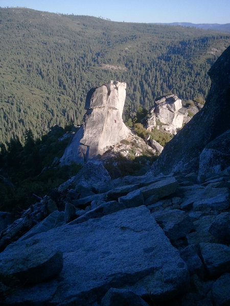 As seen from base of Fear of Flying and Gingerbread Man. Climber on Corn Flakes.
