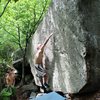 Mike sticking the only hold on the face of Super Moon V9, a newly discovered classic in the Main area.