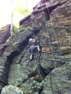 Carol, of carol $ fame leading the crack system at the left side of the "chimney crag". Several options , all about 5.4-5.6ish. Good gear.