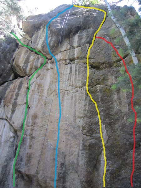 Red: Lichen It.<br>
Yellow: Drunken Bolting.<br>
Blue: Call of the Mountain Lion.<br>
Green: Poo Climb.