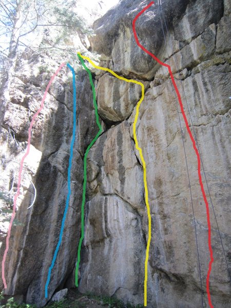 Red: Call of the Mountain Lion. <br>
Yellow: Poo Climb.<br>
Green: Hummingbirds on Crack.<br>
Blue: Tex-Asses Right.<br>
Pink: Tex-Asses Left.