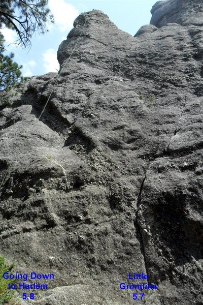 Harlem on the left (with the rope), and "Little Gremlins" is about 20 feet to the right going up the two stacked finger/hand cracks.