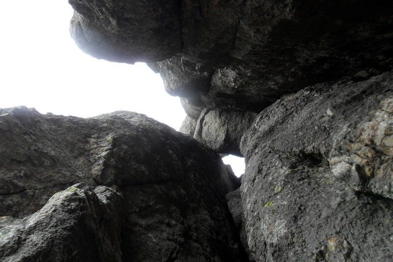 Looking up pitch 2 from the cozy belay in the chimney immediately above the Great Northwest Dihedral