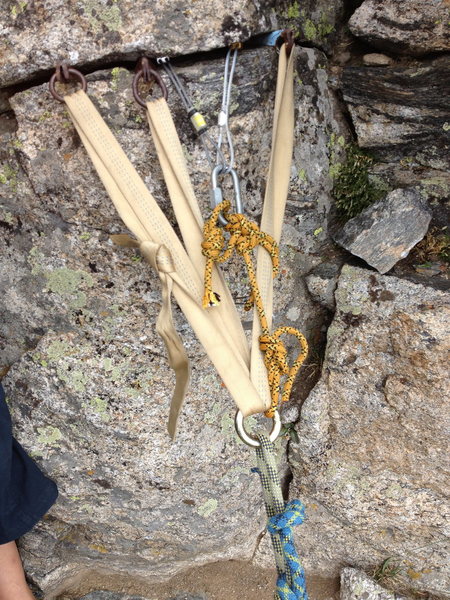 1st rap station as of July 15, 2012 - we added 2 nuts and a rap ring, replaced webbing, and equalized. The pins and old deformed/ovalized rings are pretty scary.