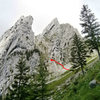 Namensloser Turm, with the scramble up to the base of the climb marked in red.