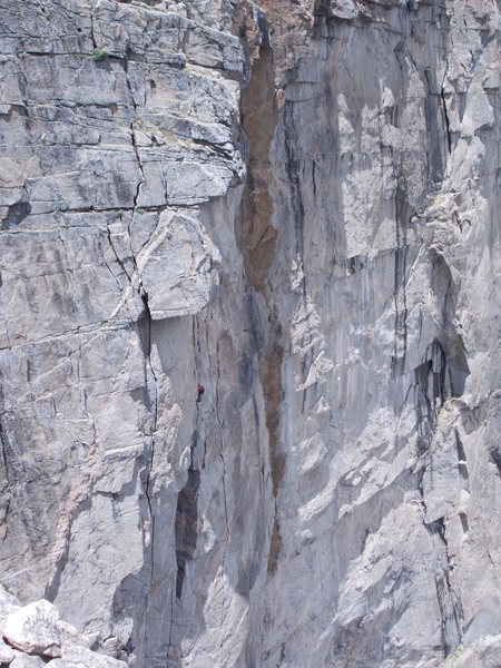 Climber in red, heading up "Good Evans" what we called P3, just below the roof crux P4.Left splitter is "Cary Granite" headed into roof, right splitter is "Road Warrior"