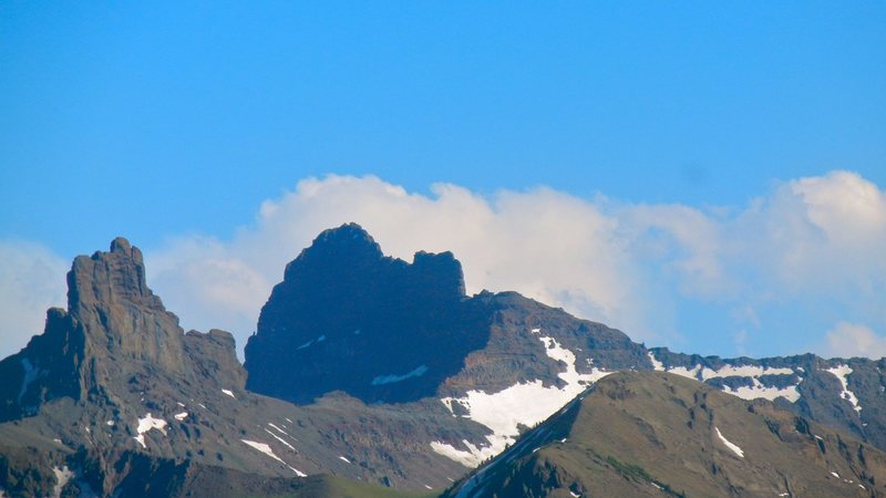 Index on the left and Pilot on the right, as seen from across the Clark's Fork valley on the road to Lulu Pass.