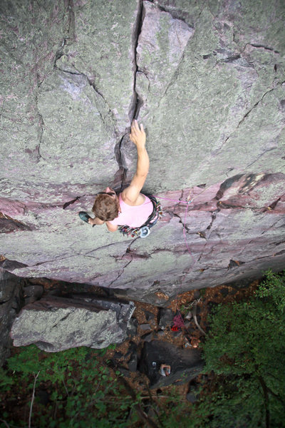 Stewart moving through the crux on The Lost Face Overhang. 