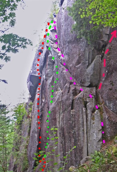 Red dots show Hips and Valleys. Climber is at the chained anchor of Robin's Ramp. <br>
<br>
Green shows Flippo (start part not visible). <br>
<br>
Purple shows Robin's Ramp. <br>
<br>
Pink shows Plum Pudding.