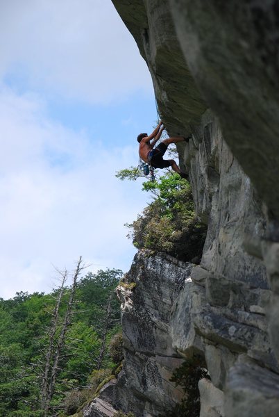 Will B. follows Jeff's rope over the roof on 2nd pitch of Eclipscicle 5.10+