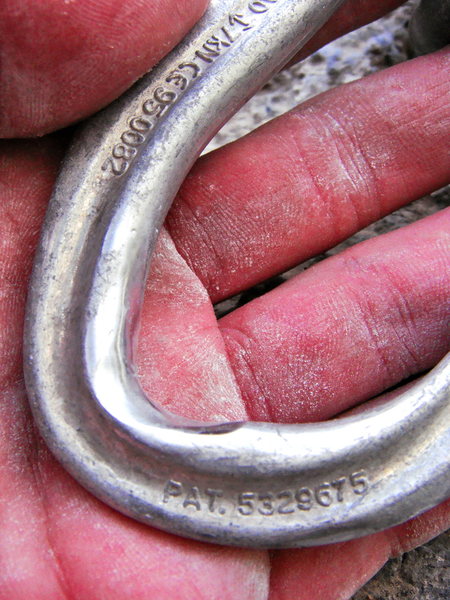 left carabiner wear on the anchors of No Remorse. Hard to see in the pic, but the worn edges are getting quite sharp.