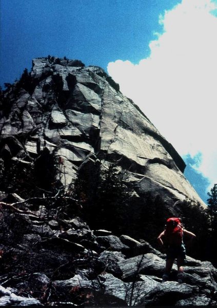 Questa Dome from approach trail just prior to FA, A Question of Balance, 1977