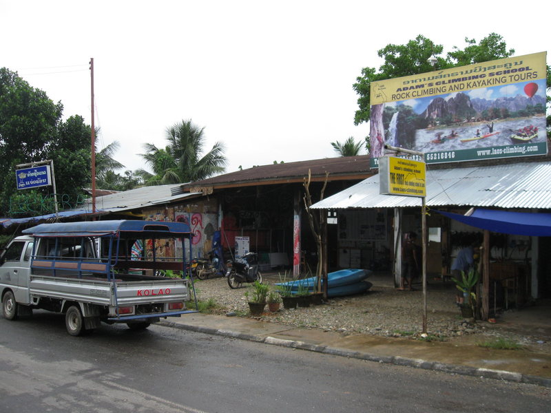 A street view of Adam's Climbing School, which is currently located across the street from the Elephant Crossing Hotel and the hospital in Vang Vieng, Laos.
