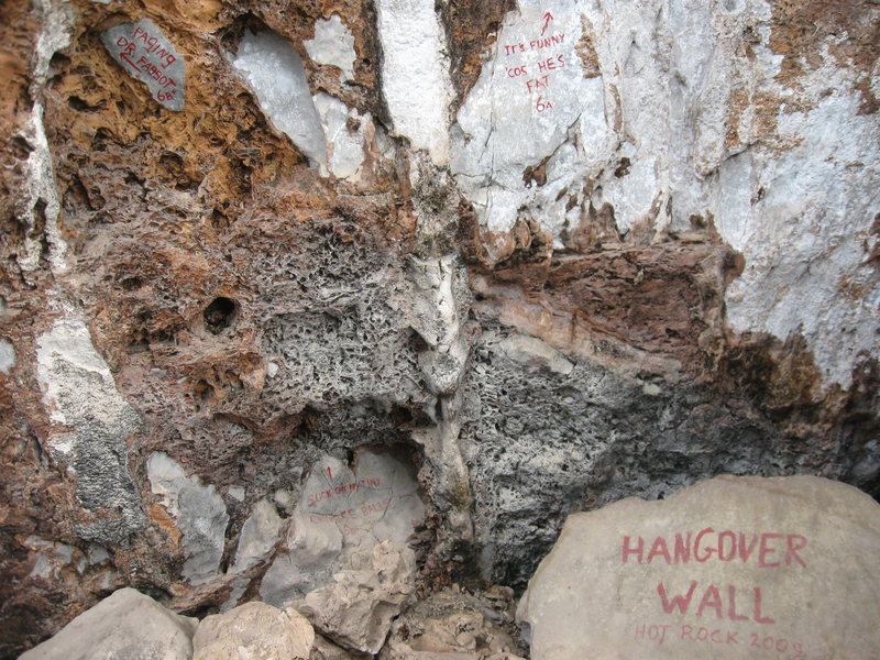 This photo shows the Hangover Wall portion of the Main Wall at Pha Daeng Mountain in Vang Vieng, Laos. The Left Wall is to the left of these routes that were established as part of the Hot Rock Tour in 2009. Note the classy route names...