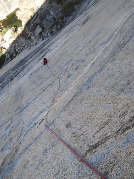 Looking down at the belay from above the steep section on pitch 2.
