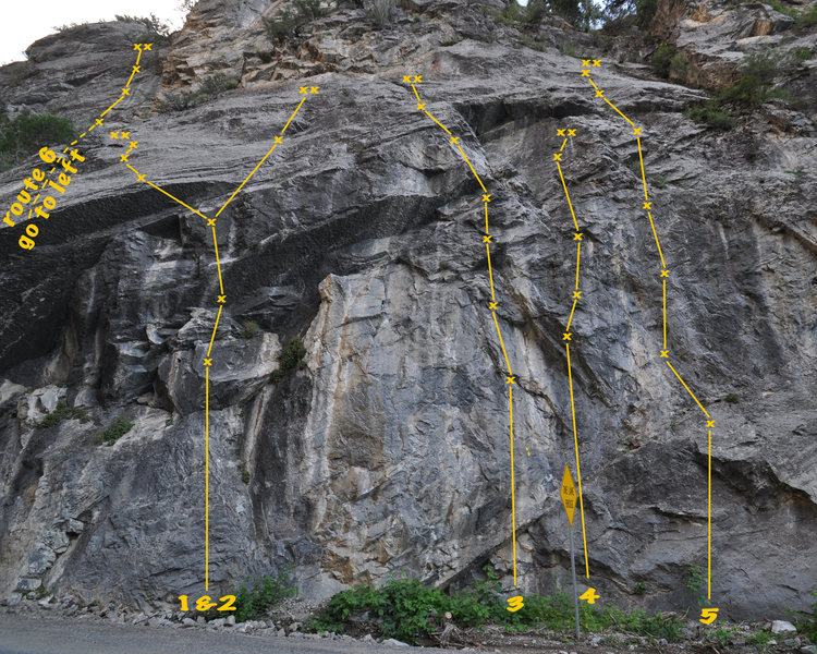 This wall is just down canyon from the 1 lane bridge where the avalanche comes down each year. The routes are right on the road.