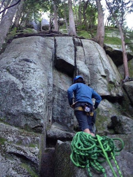 To help you find the start, which is deep in the woods! Two pitches of roots, dirt, and an occasional good move on rock are made up for by the great cracks above.