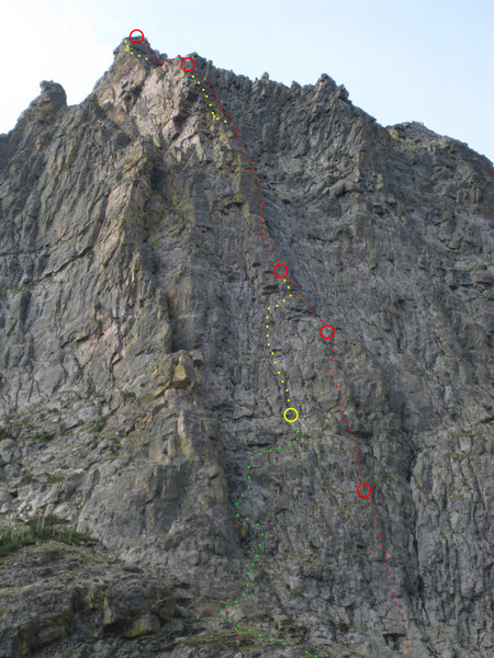 This shows the Direct North Pillar on the right (red), with North Pillar Left scrambling up the gully (green) and merging after the first pitch. It then splits again on its own line (yellow).