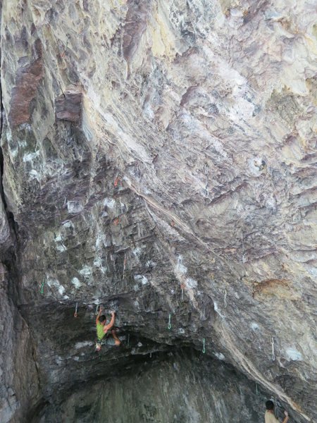 Working across the traverse of Burning, in Hell Cave, just before the crux