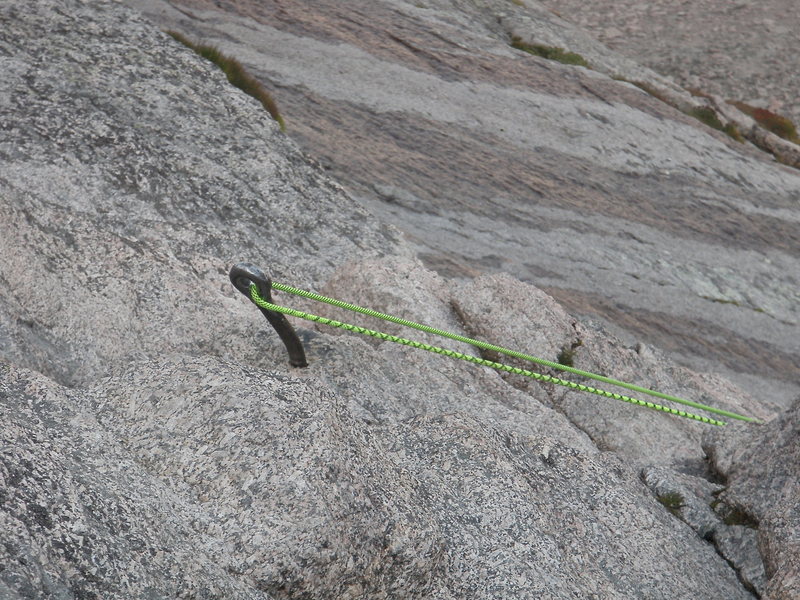 Old iron loops - cables were removed. Many options to set up a rappel, we did only one.