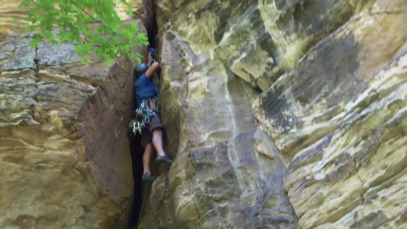 Putting in some big gear on Asymmetry. Look for this small chimney section to find this route.