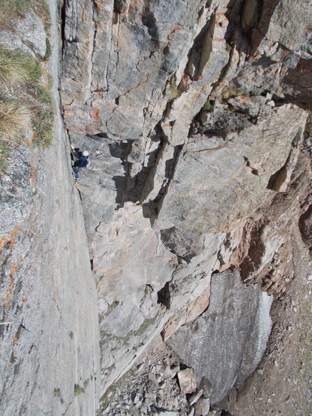 Mike Keegan half way up the 10+ dihedral pitch, this pitch was spectacular, the bolted belay up and 25 feet left of corner make viewing the pitch great.