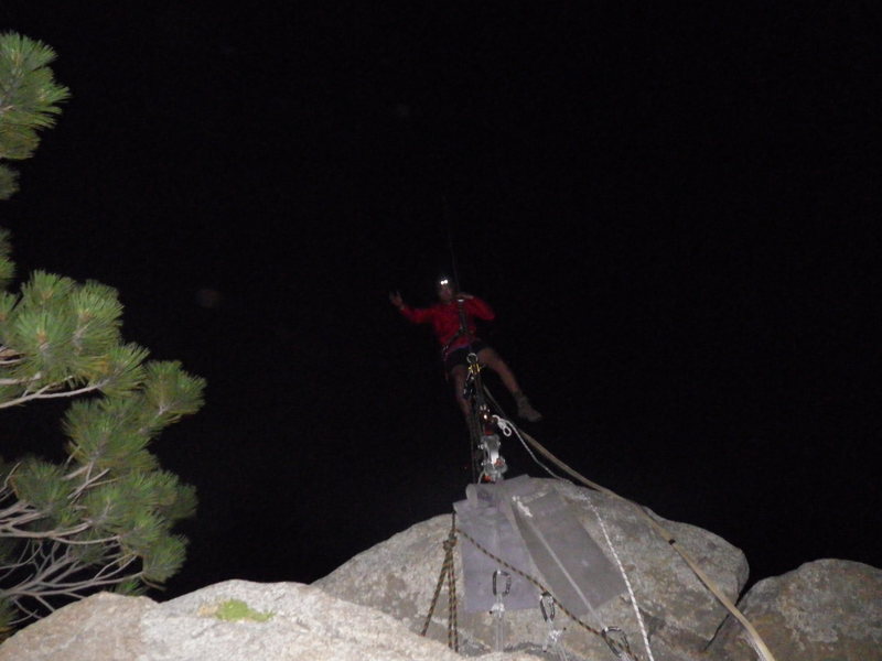 me on the highline spanning yosemite falls, Damian Cooksey set up his previous world record highline for us in exchange for hauling a bunch of gear to bolt the new world record line.