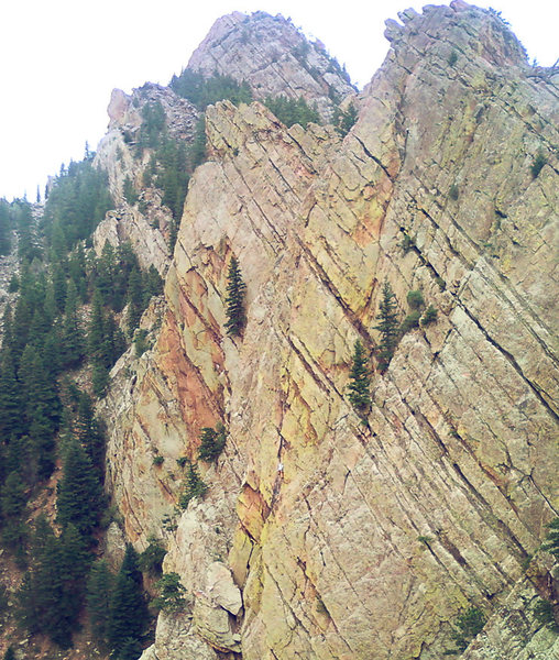 Unknown climber on 4th pitch of Rewritten, Aug 24th, 2012. Taken from top of the 5th pitch of Yellow Spur.