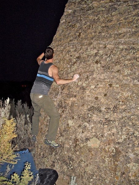 You can see the starting crimp--you can kinda see the chalk--near my hips. I'm a couple moves in at this point.<br>
<br>
Also, try to ignore the demon-glowy eyes staring at you as you climb.