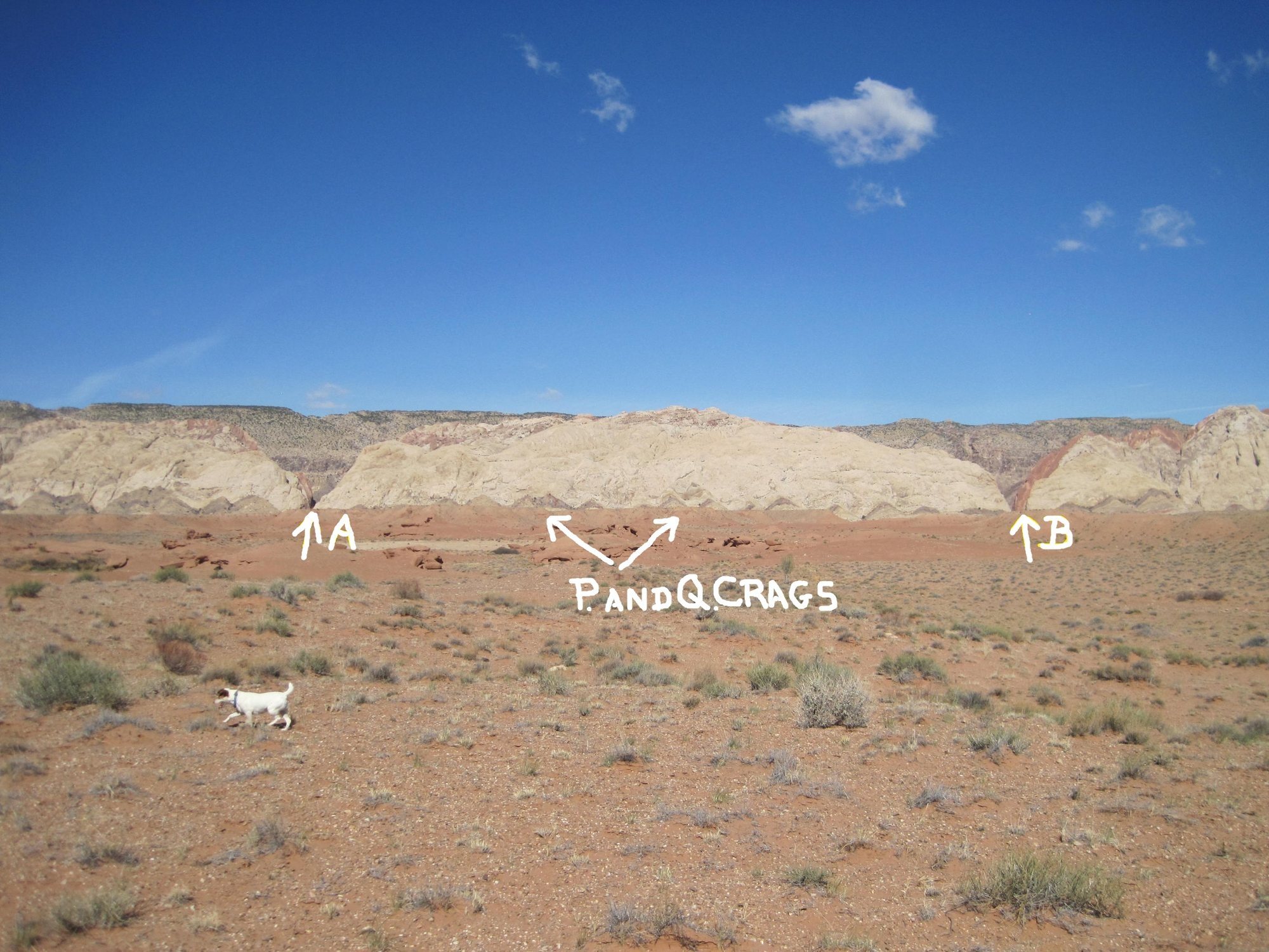 A.Two Finger Canyon The Great White Wall AKA P & Q Crags. B.Three